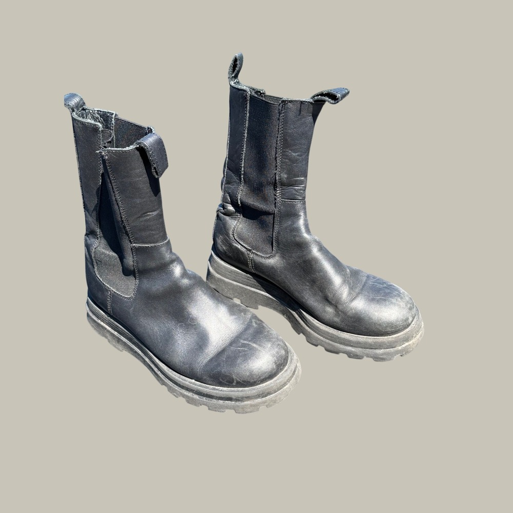 Steve Madden Boots Womens 7 Black Explorer Lug Sole Leather Mid Calf Chelsea